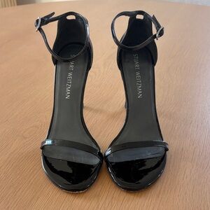 Stuart Weitzman Glossy Black Patent Nudistsong Ankle Strap Sandal